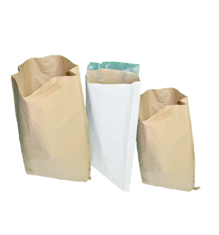 Sacos de papel kraft y blanco, uno con bolsa interior de polietileno